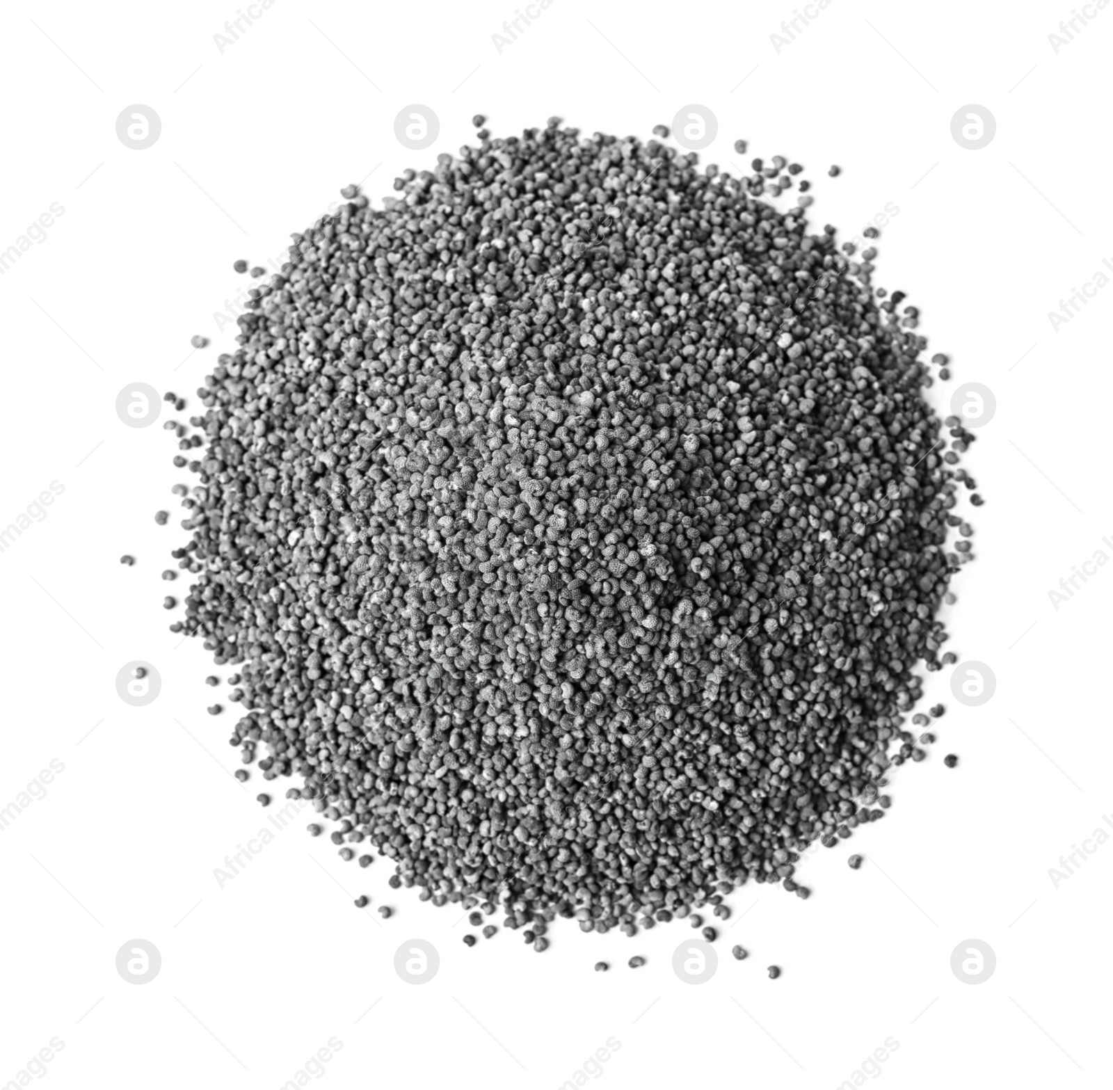 Photo of Pile of raw poppy seeds on white background, top view