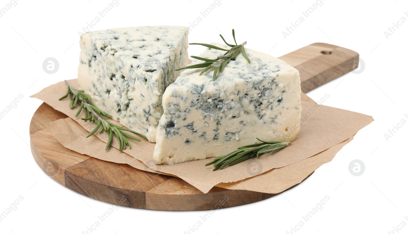 Photo of Tasty blue cheese with rosemary isolated on white