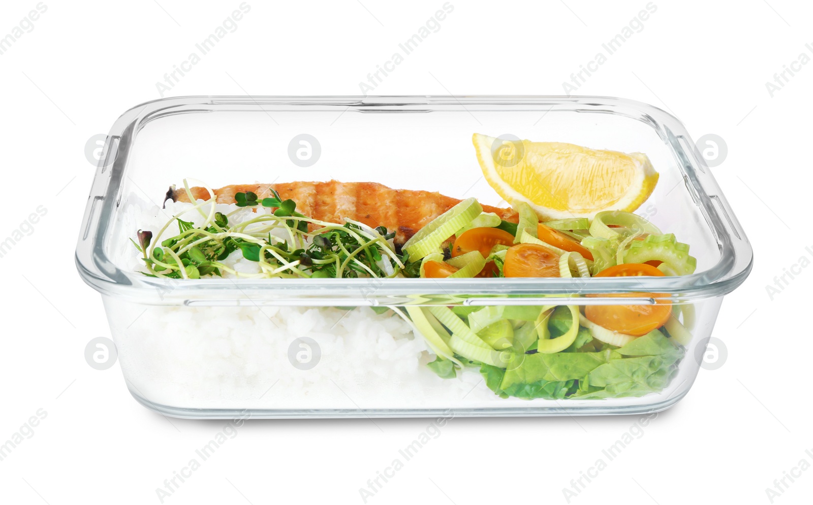 Photo of Healthy meal. Grilled salmon, rice and salad in container isolated on white