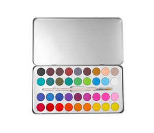 Photo of Watercolor palette with brush isolated on white, top view