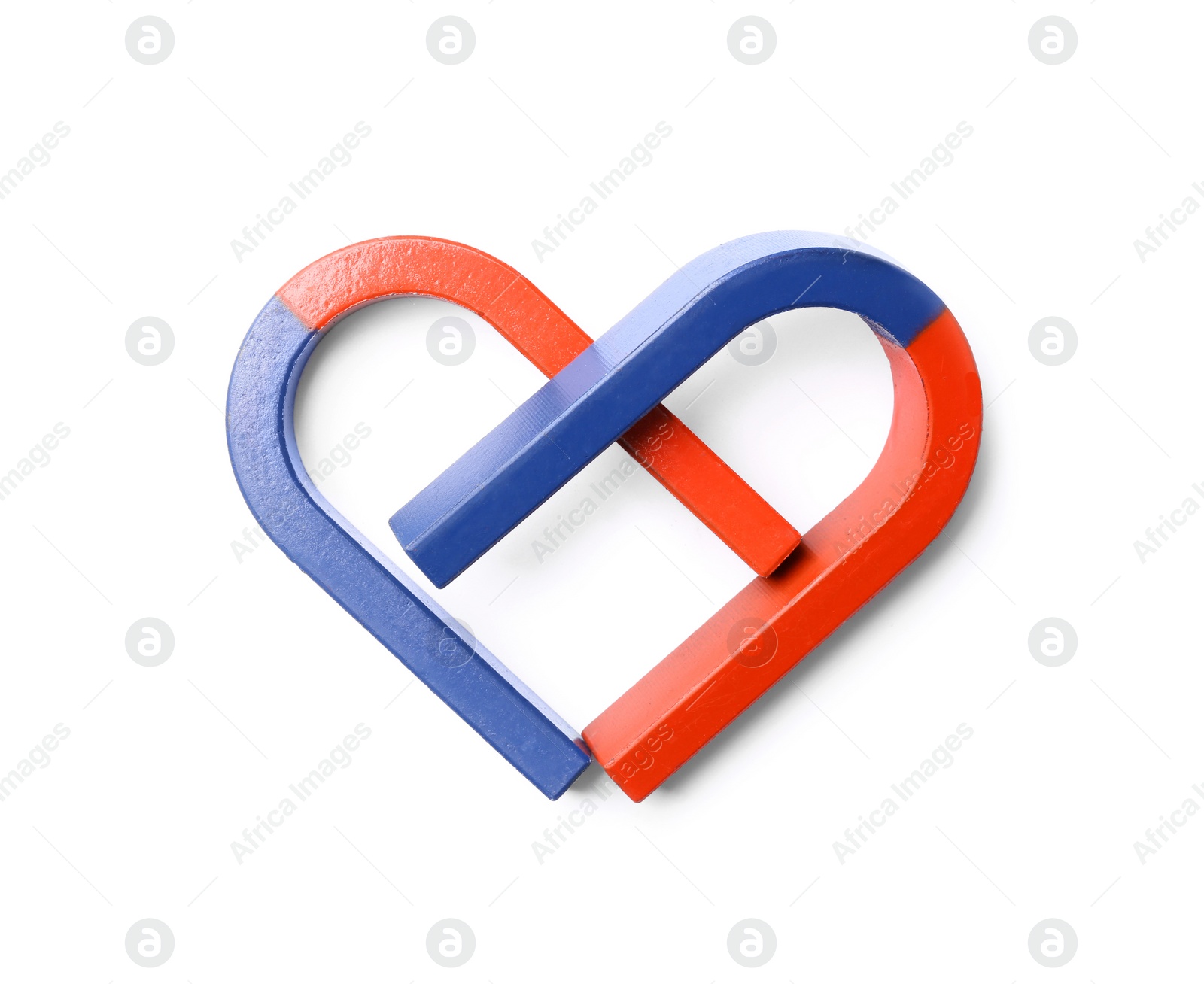 Photo of Red and blue horseshoe magnets on white background, top view