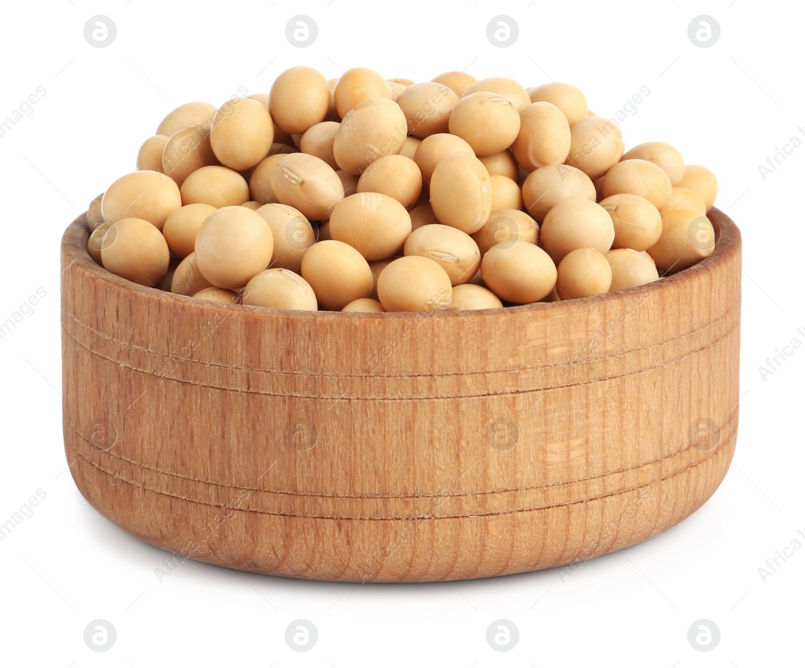 Photo of Soya beans in wooden bowl isolated on white