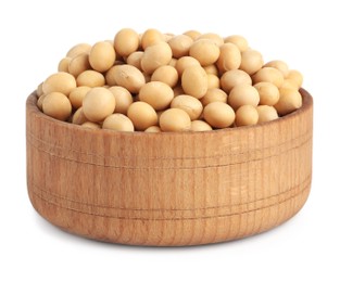 Photo of Soya beans in wooden bowl isolated on white