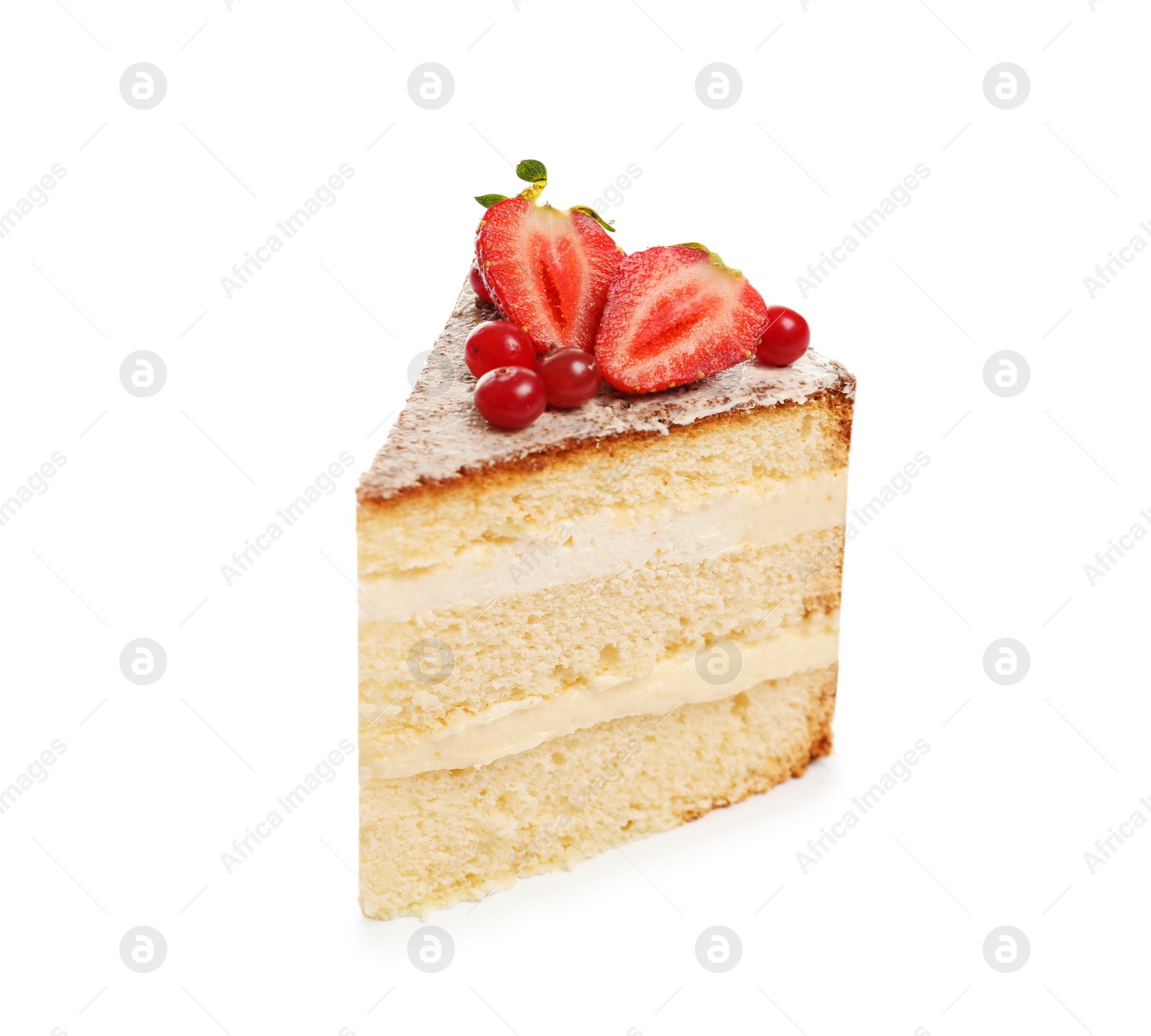 Photo of Piece of delicious homemade cake with fresh berries on white background