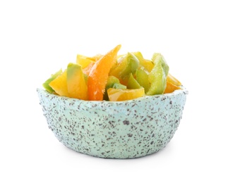 Photo of Bowl with frozen paprika on white background. Vegetable preservation