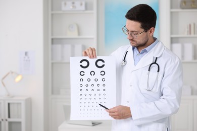 Photo of Ophthalmologist pointing at vision test chart in clinic, space for text