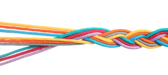 Braided colorful ropes isolated on white. Unity concept