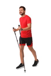 Man practicing Nordic walking with poles isolated on white