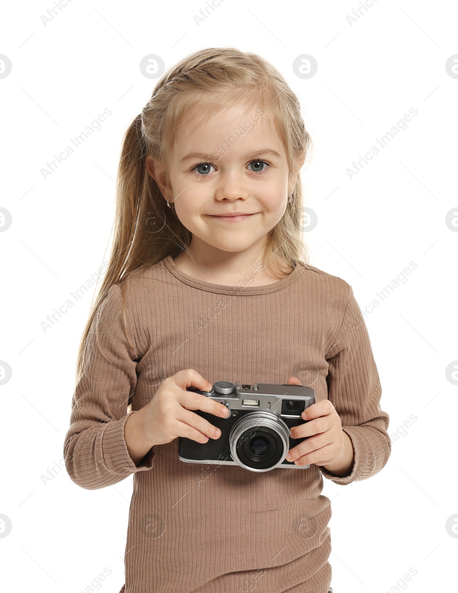 Photo of Fashion concept. Stylish girl with camera on white background