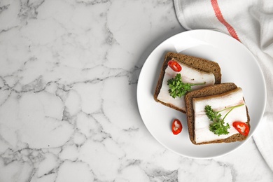 Photo of Plate with pork fatback sandwiches on marble background, top view. Space for text