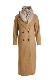 Photo of Elegant brown coat and scarf on mannequin against white background. Women's clothes