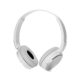 Photo of Stylish modern headphones with earmuffs on white background