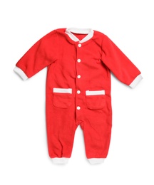 Photo of Red baby suit isolated on white, top view. Christmas clothes