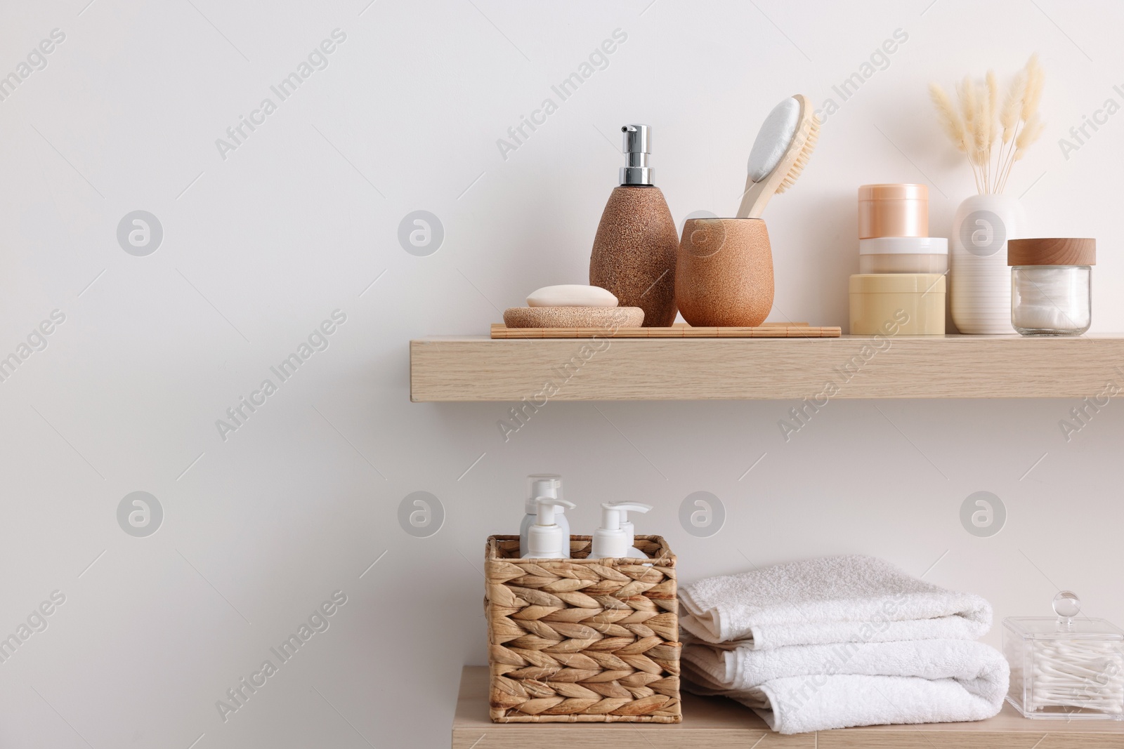 Photo of Different bath accessories and personal care products indoors, space for text