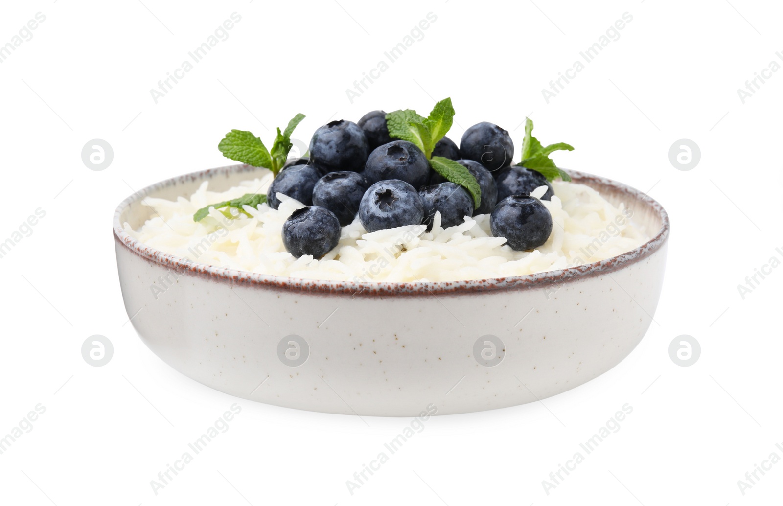 Photo of Delicious rice porridge with blueberries and mint isolated on white