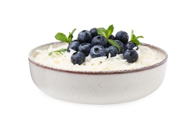 Photo of Delicious rice porridge with blueberries and mint isolated on white