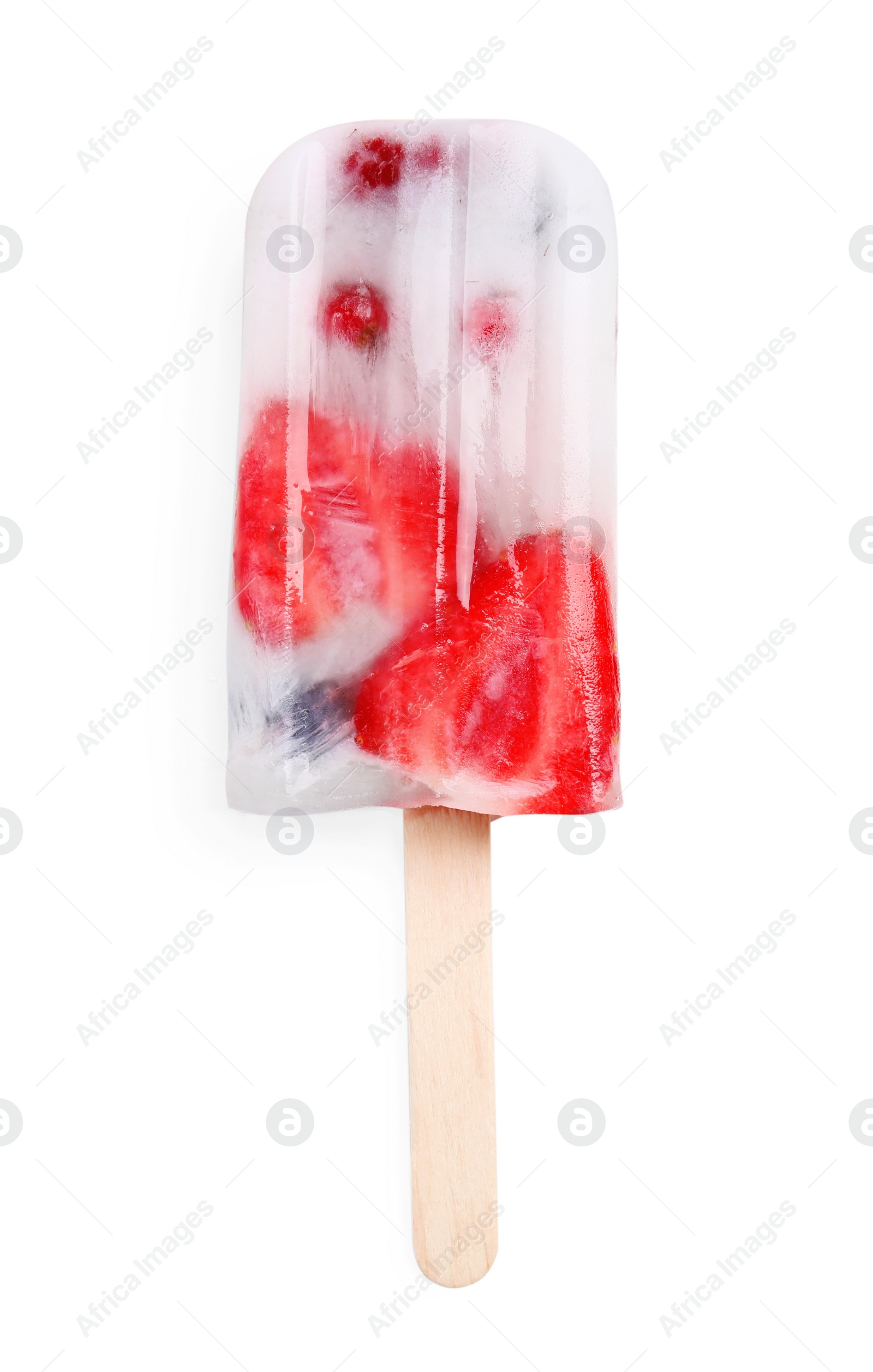 Photo of Tasty berry popsicle isolated on white, top view