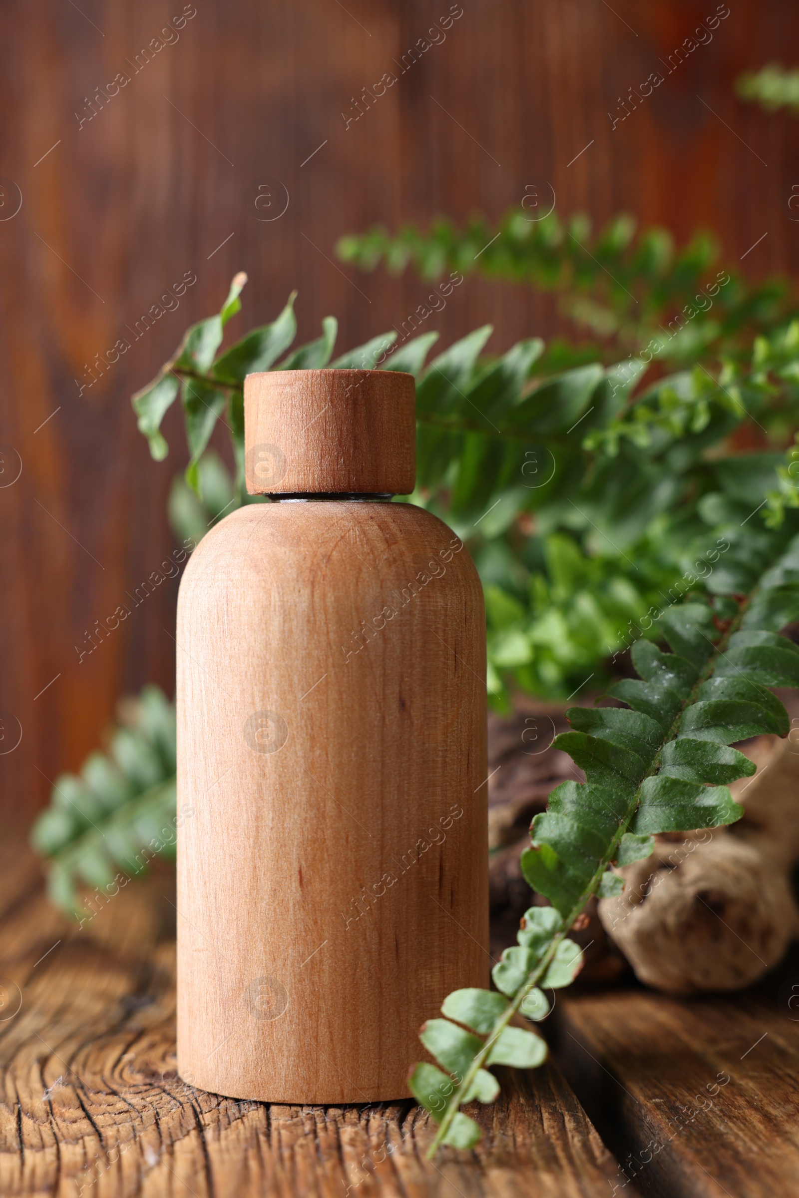 Photo of Wooden bottle of cosmetic product and green leaves on table