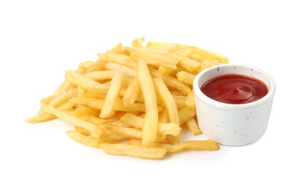 Tasty french fries with ketchup on white background