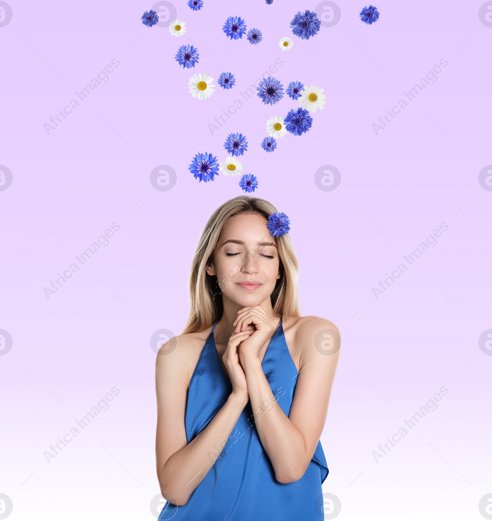 Image of Beautiful young woman with closed eyes on light violet background. Flowers flying from her head symbolizing state of mindfulness