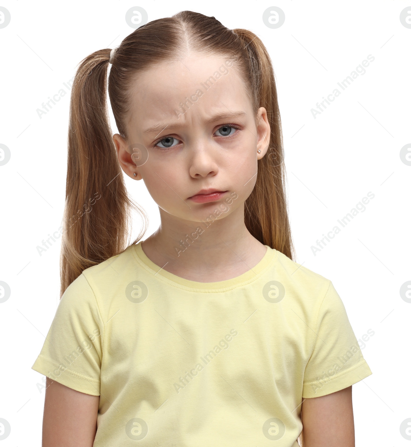 Photo of Portrait of sad girl on white background