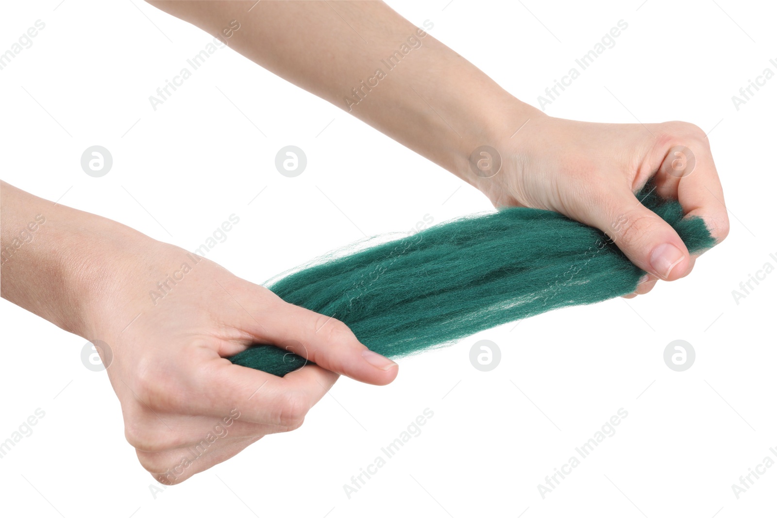 Photo of Woman holding teal felting wool on white background, closeup