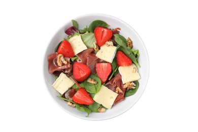 Photo of Tasty salad with brie cheese, prosciutto, strawberries and walnuts isolated on white, top view