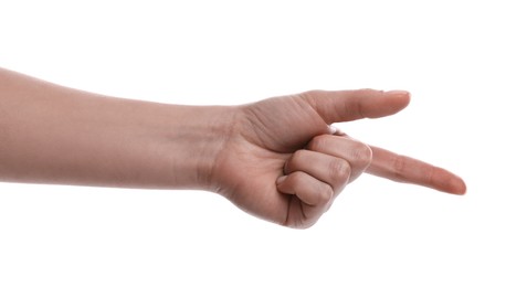 Photo of Woman pointing with index finger on white background, closeup