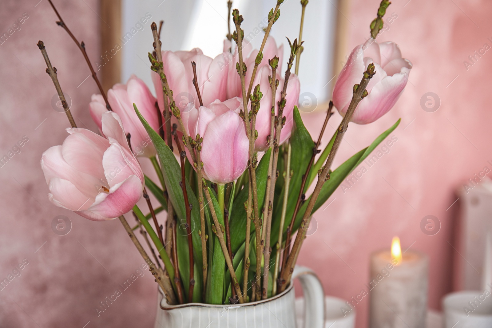 Photo of Beautiful bouquet with spring pink tulips, closeup