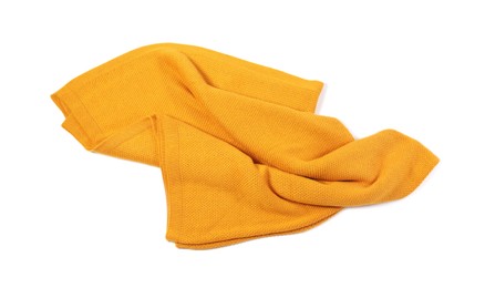 Beautiful yellow knitted blanket isolated on white, top view