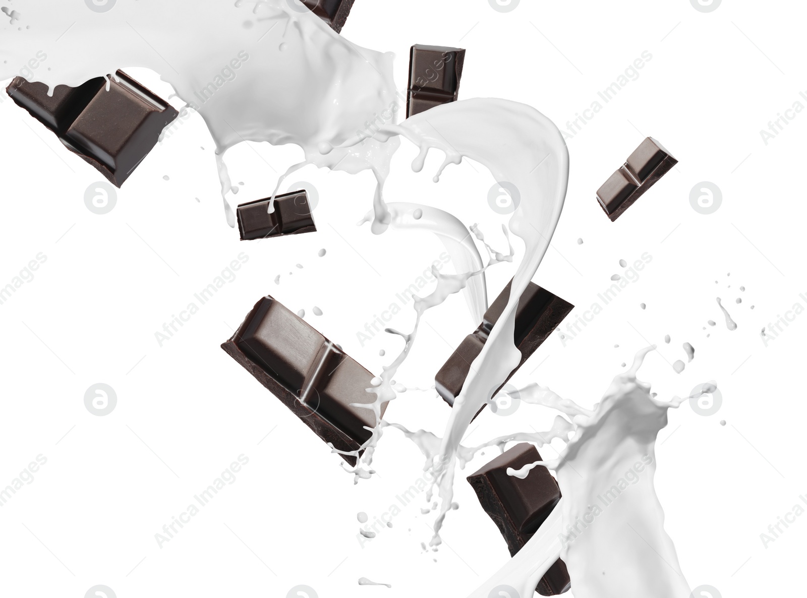 Image of Delicious chocolate and splashes of milk on white background