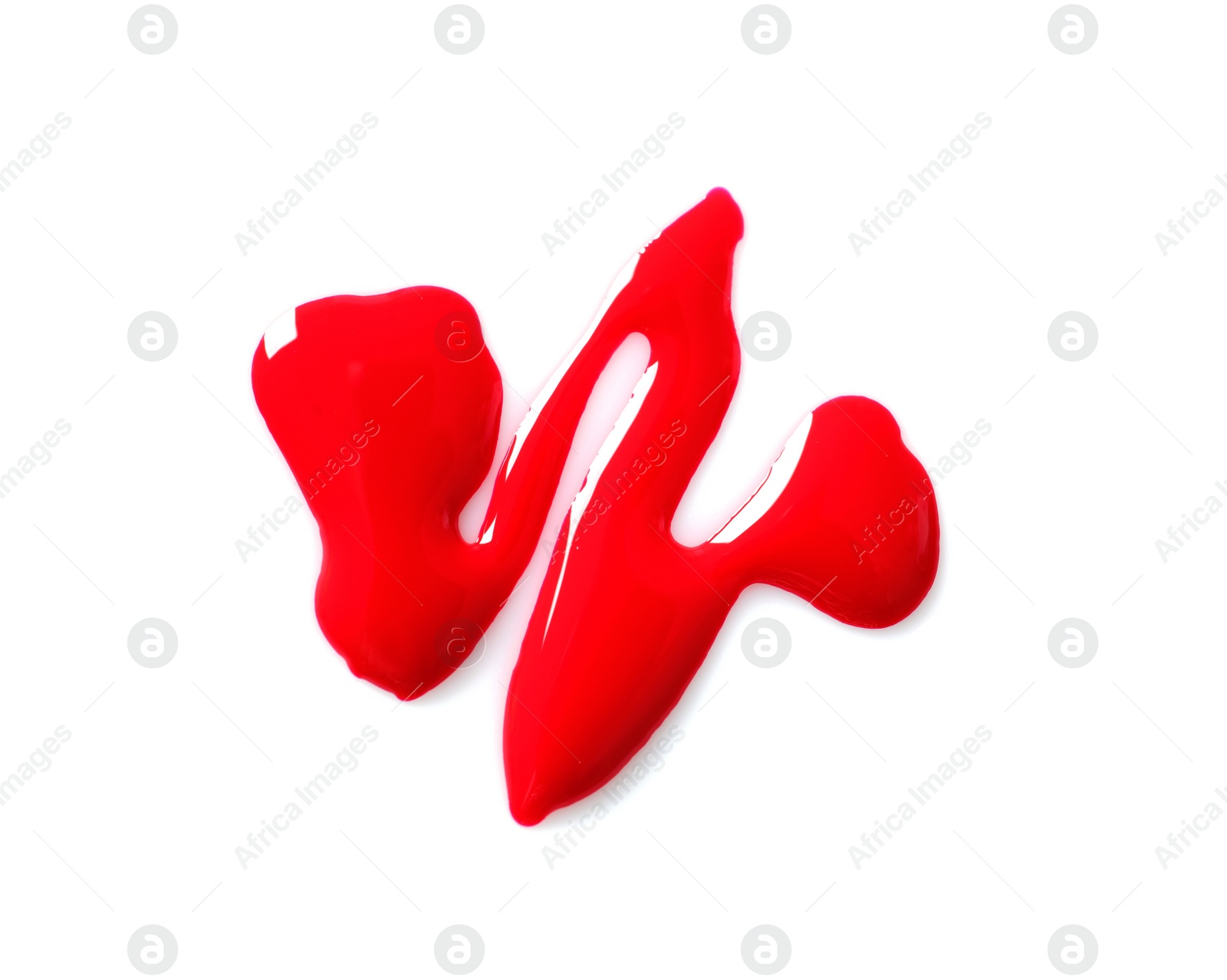 Photo of Red nail polish stain on white background, top view
