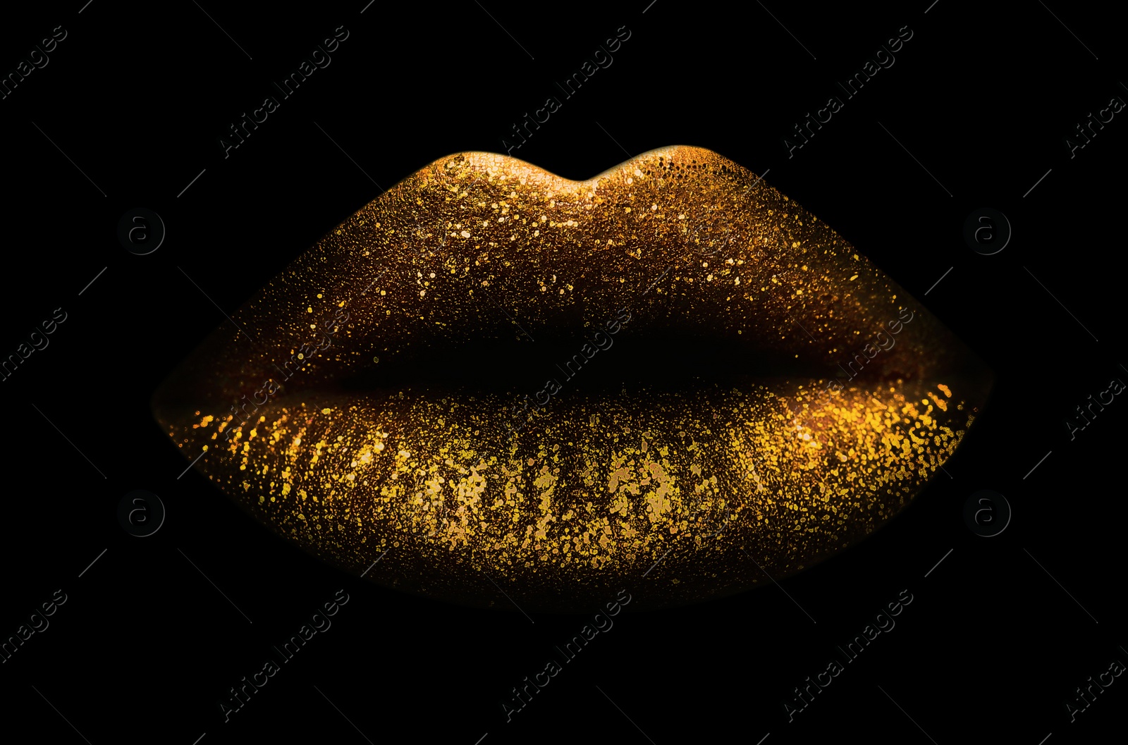 Image of Beautiful lips with shiny golden lipstick on black background