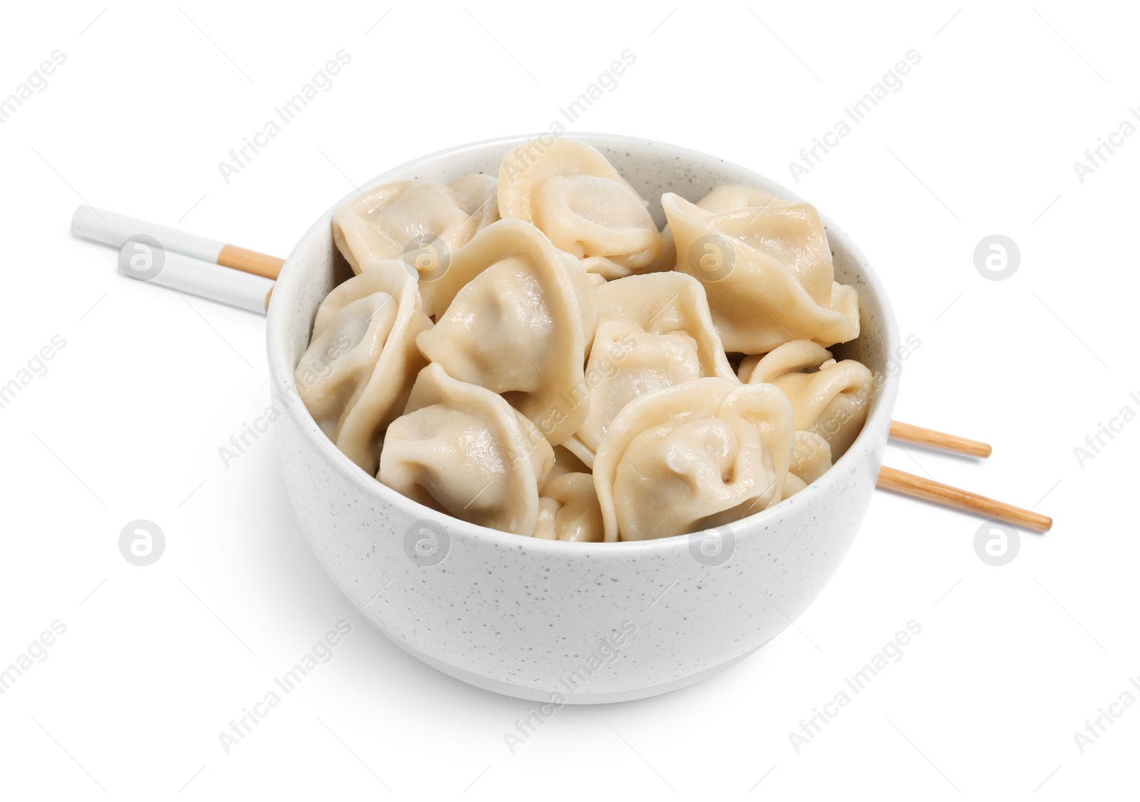 Photo of Tasty dumplings in bowl isolated on white