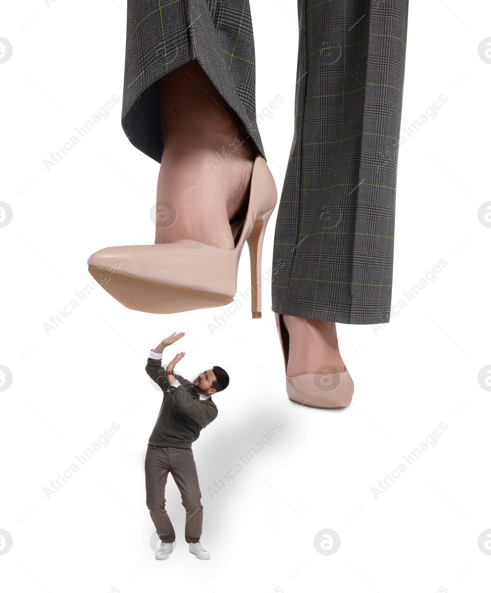 Image of Big woman stepping onto small man on white background