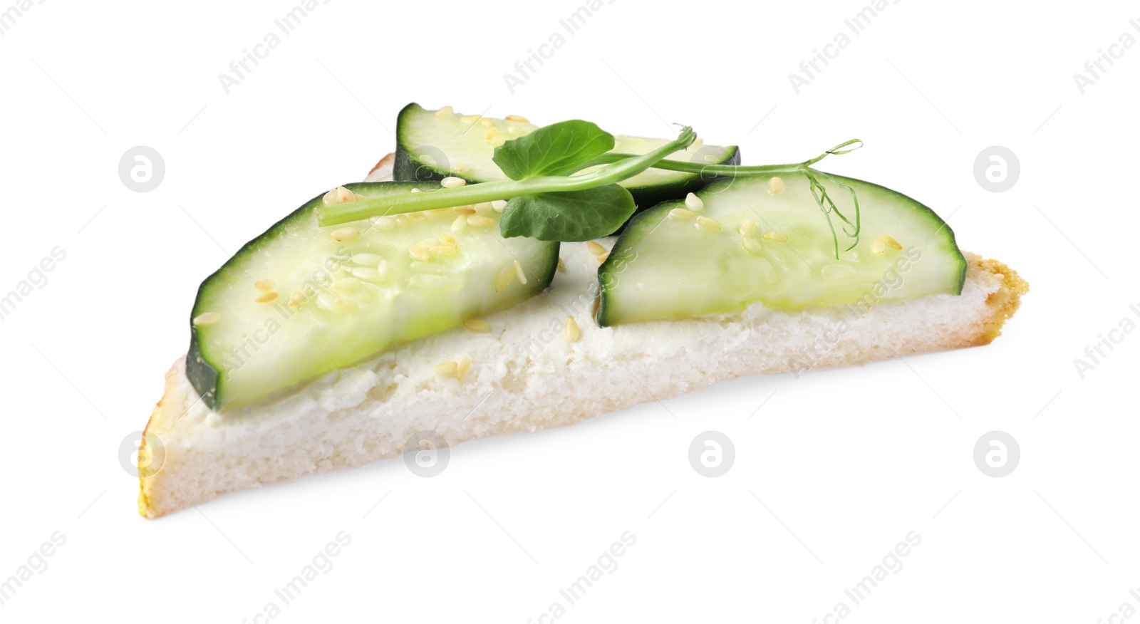 Photo of Tasty cucumber sandwich with sesame seeds and pea microgreen isolated on white