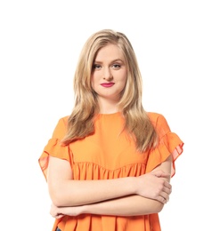 Photo of Attractive young woman in stylish outfit on white background