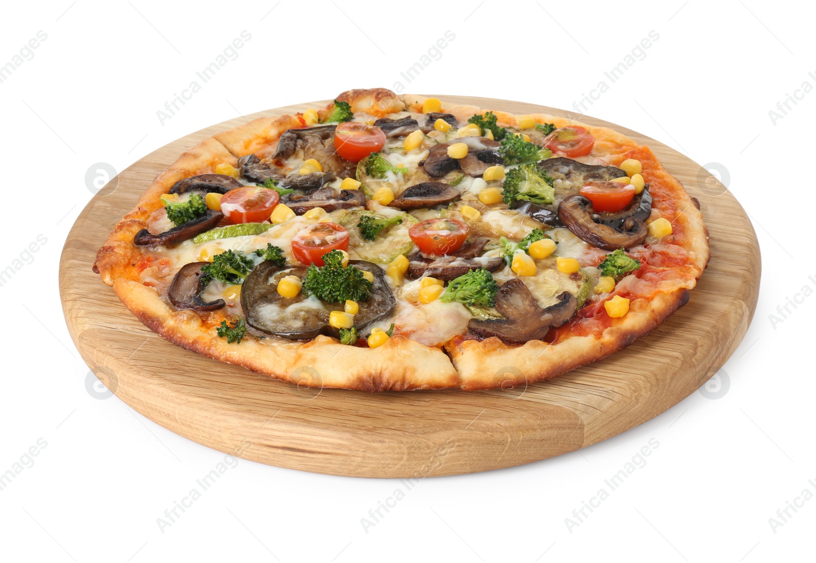 Photo of Delicious vegetarian pizza with mushrooms and vegetables isolated on white