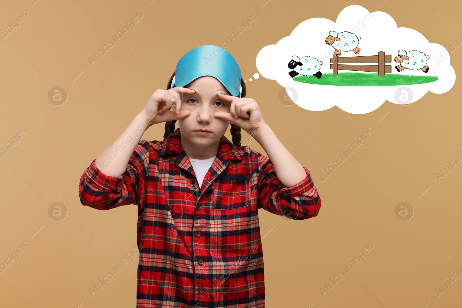 Image of Tired girl suffering from insomnia on light brown background. Thought cloud with illustrations of sheep jumping over fence