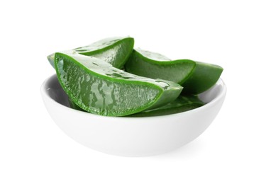 Photo of Green aloe vera slices in bowl isolated on white