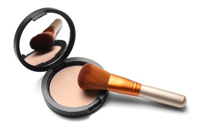 Photo of Face powder with makeup brush on white background