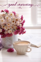 Image of Good morning! Cup of fresh coffee, open book and beautiful bouquet on white wooden table near window