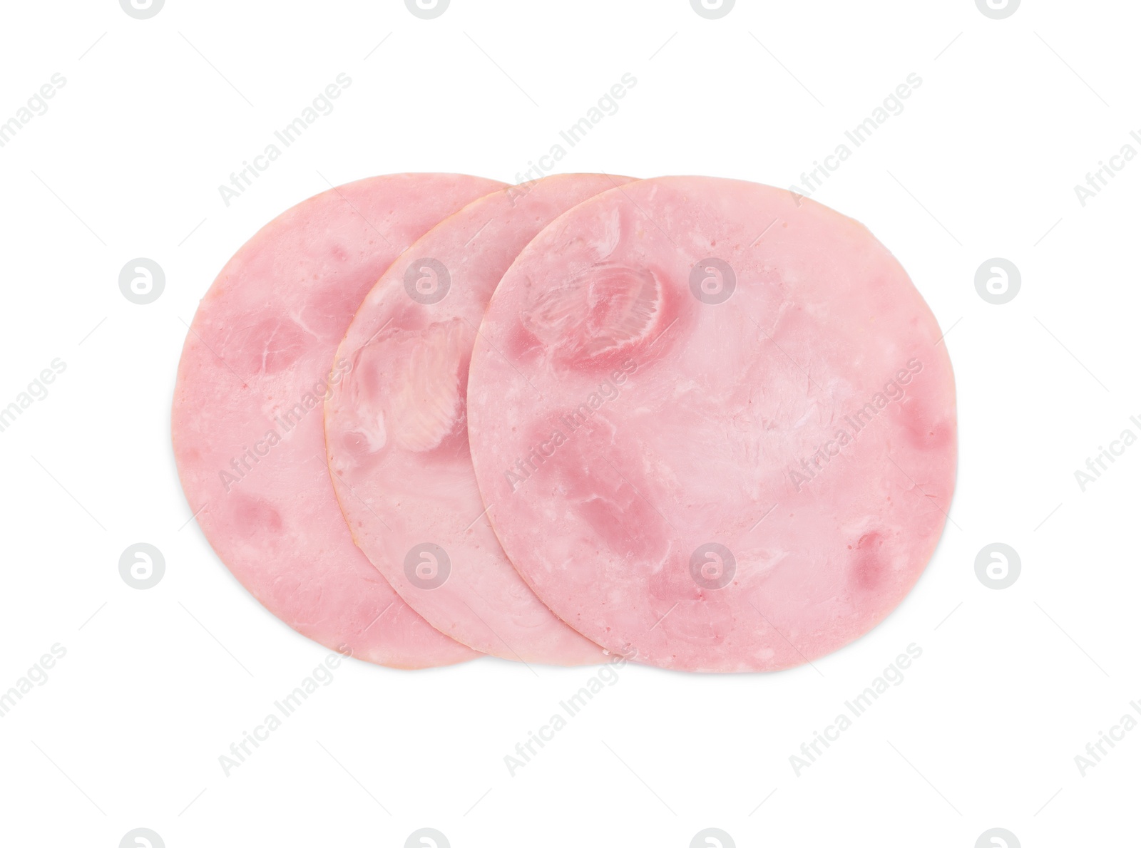 Photo of Slices of tasty ham isolated on white, top view