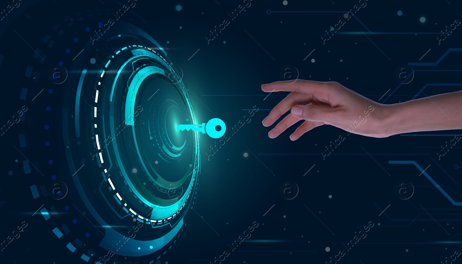 Concept of keywords research and modern technology. Woman taking digital key on dark background, closeup Image of Concept of keywords research and modern technology. Woman taking digital key on dark background, closeup