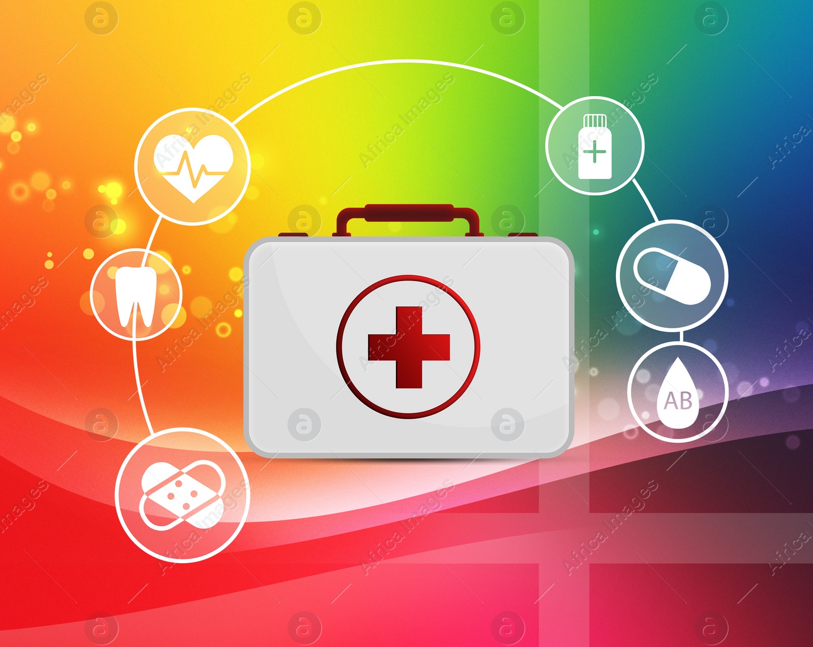 Image of First aid kit and different icons on color background, illustration