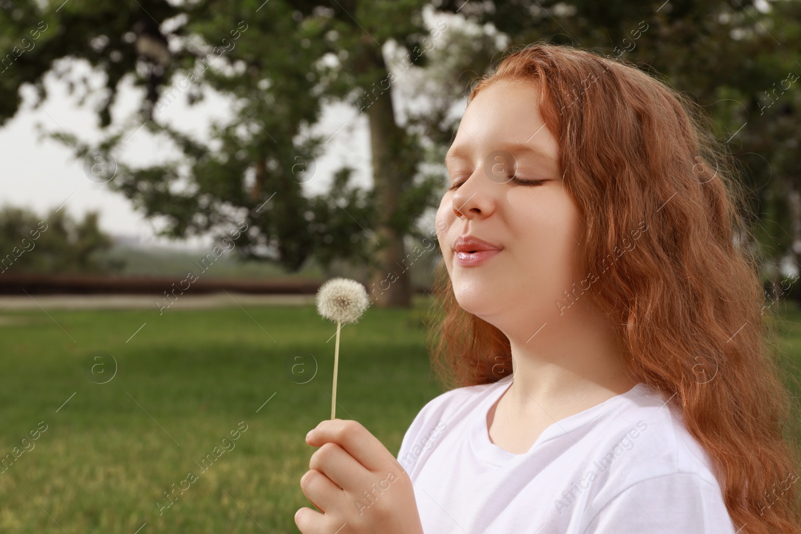 Photo of Cute girl with beautiful red hair blowing dandelion in park, space for text. Allergy free concept