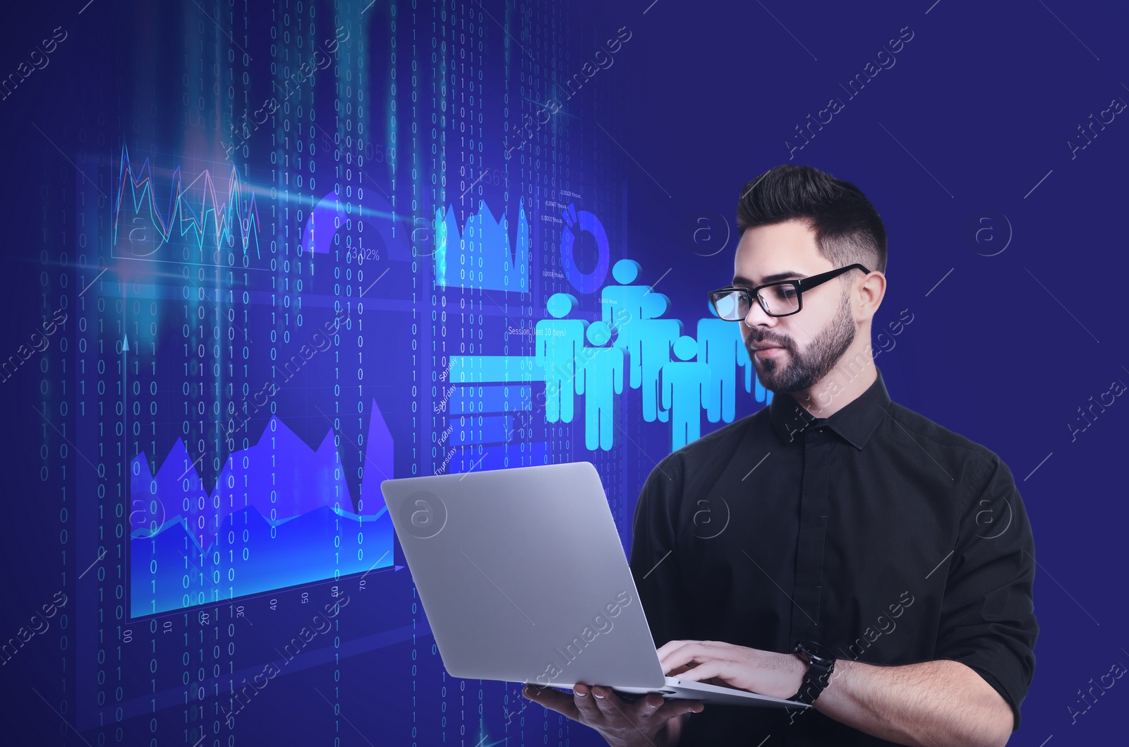 Image of Young businessman holding laptop and virtual screen with different charts on background. Finance trading concept