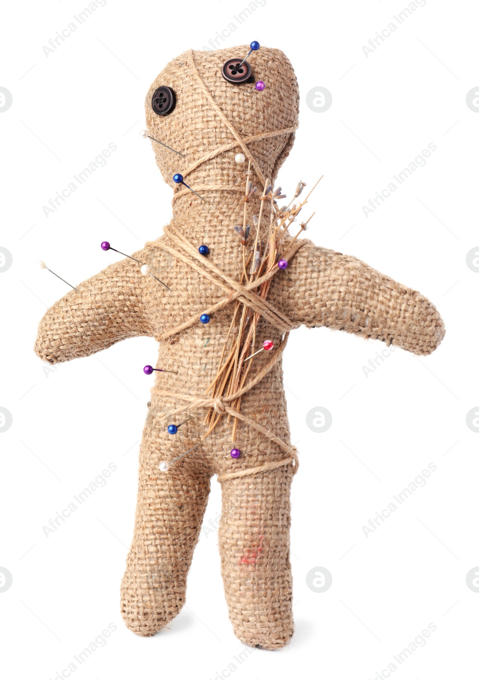 Photo of Voodoo doll with pins and dried flowers isolated on white