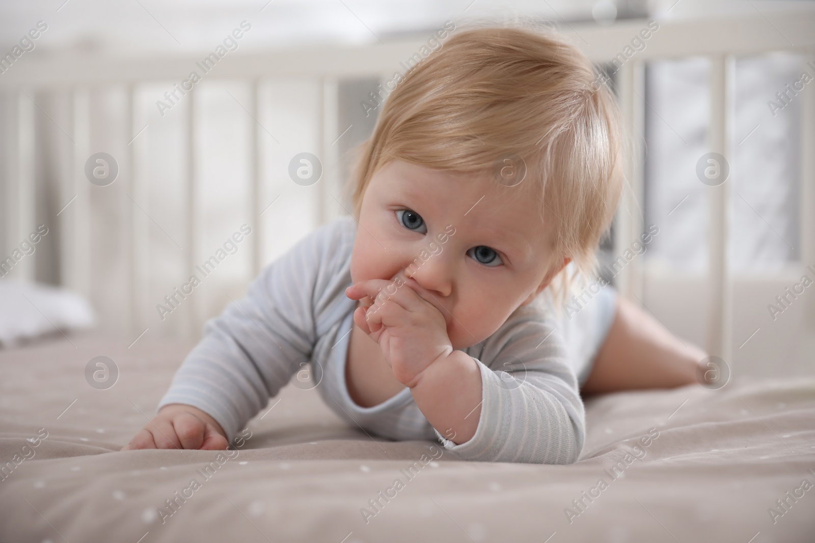 Photo of Adorable little baby lying in comfortable crib