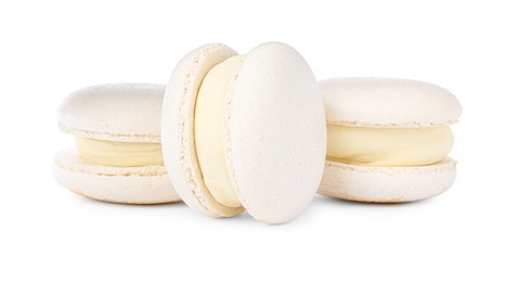 Three delicious sweet macarons isolated on white